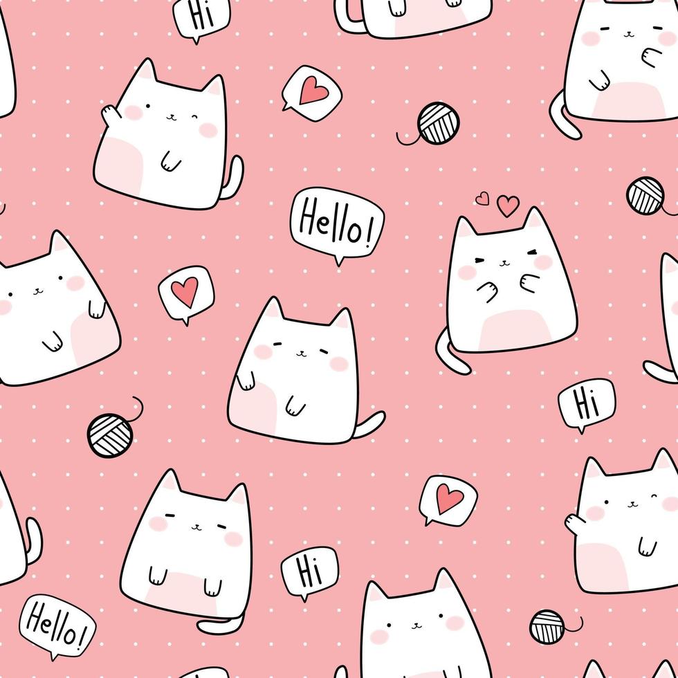 Cute chubby cat kitten greeting cartoon doodle seamless pattern vector