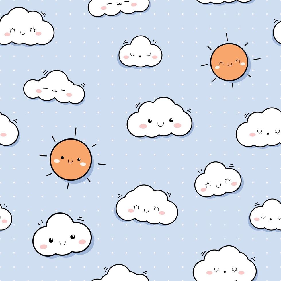 lindo, nube, y, sol, verano, caricatura, garabato, seamless, patrón vector