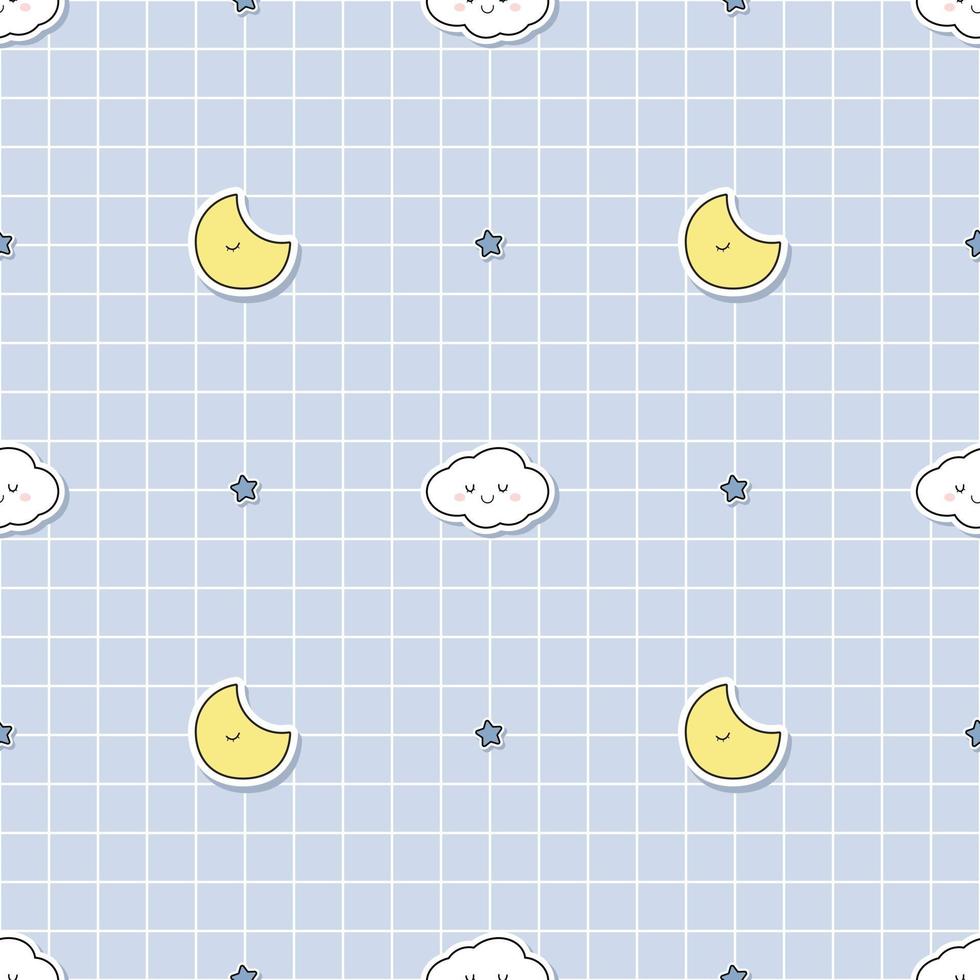 Cute cloud and moon on grid background cartoon doodle seamless pattern vector