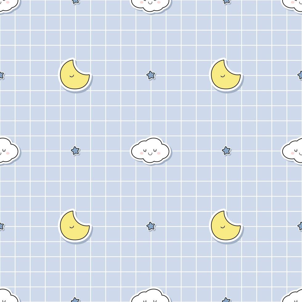 Cute cloud and moon on grid background cartoon doodle seamless pattern vector