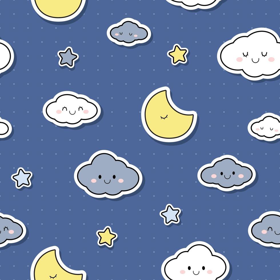 lindo, nube, estrella, y, luna, en, fondo azul, caricatura, garabato, seamless, patrón vector