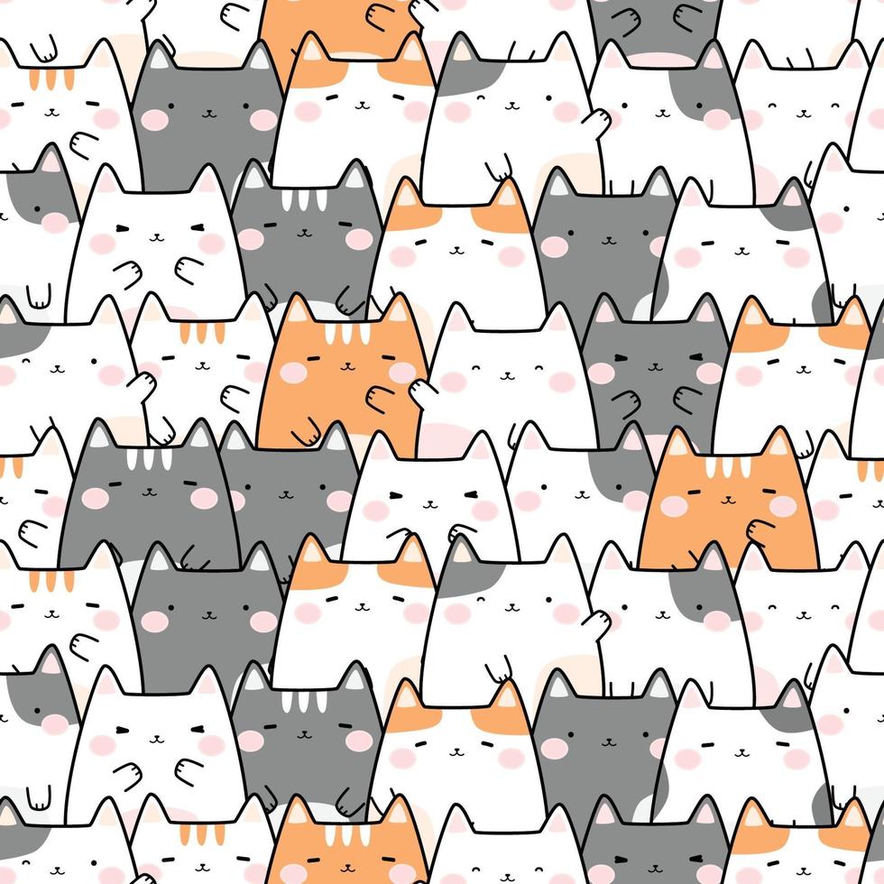 Cute chubby cat kitten cartoon doodle seamless pattern vector