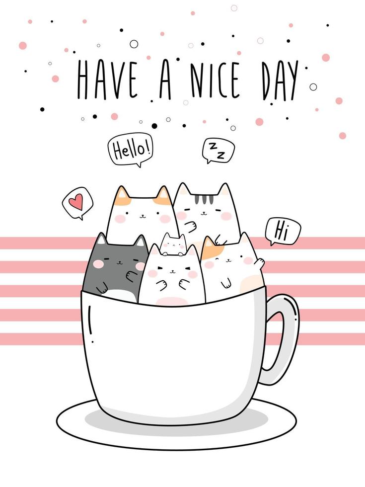 Cute chubby cat kitten in coffee cup greeting cartoon doodle vector