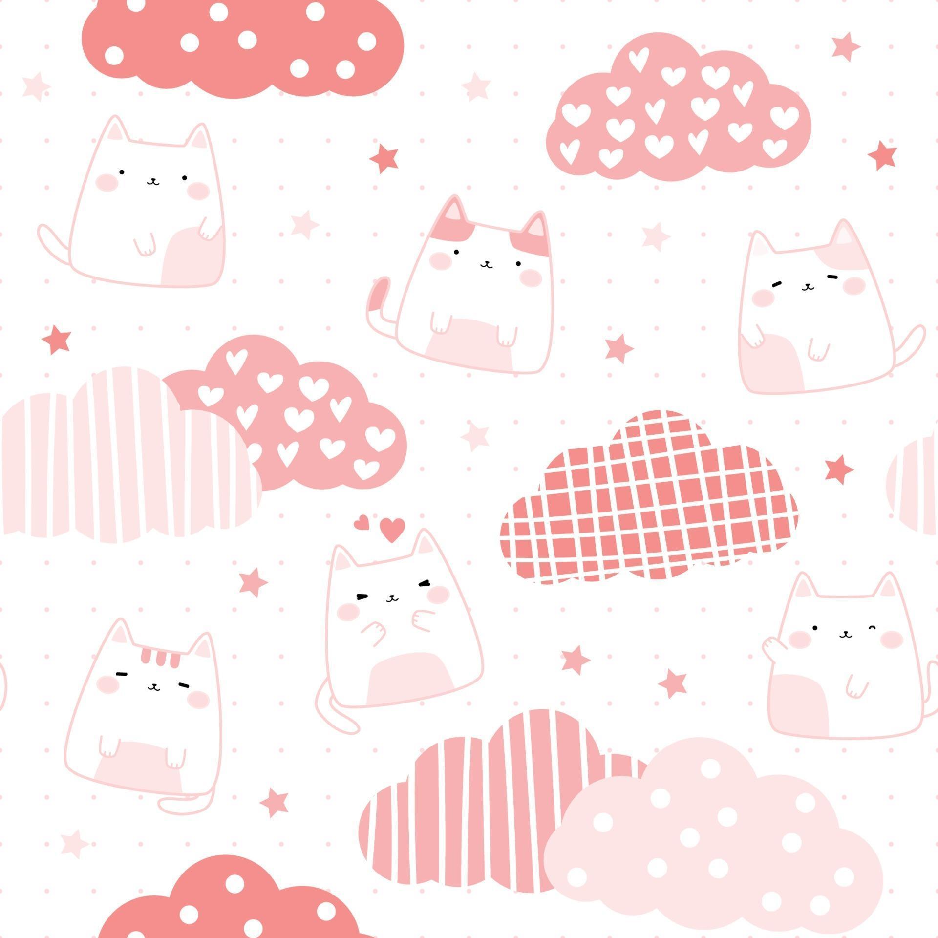 Cute Chubby Cat Kitten With Cloud Cartoon Doodle Seamless Pattern