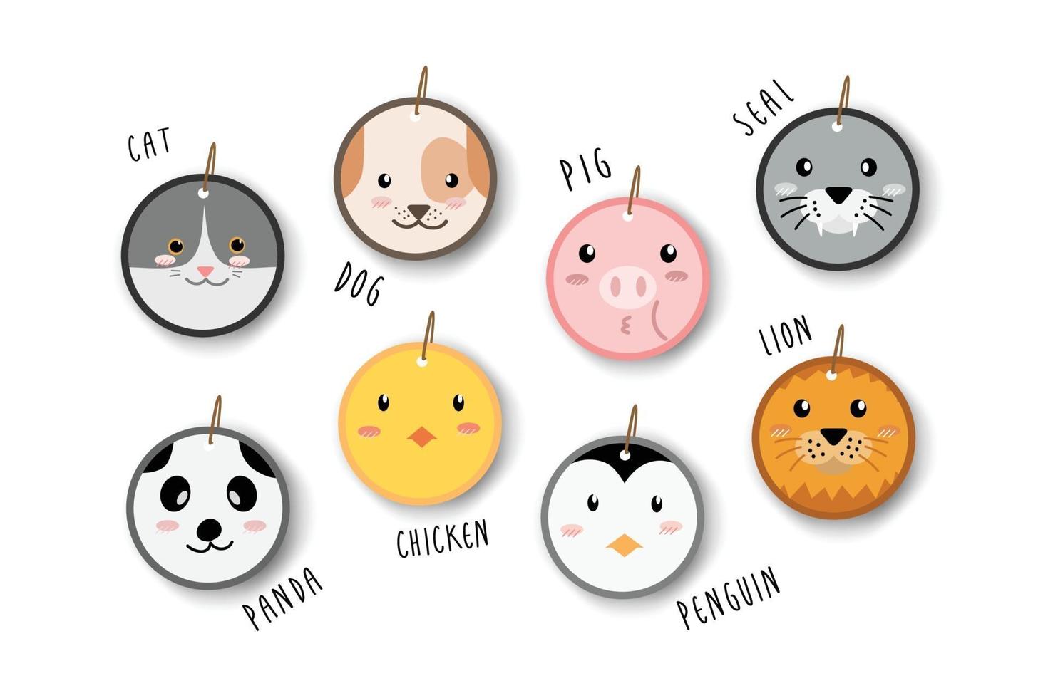 lindos animales gatos perros cerdo foca panda pollo pingüino y león cara insignia etiqueta dibujos animados vector