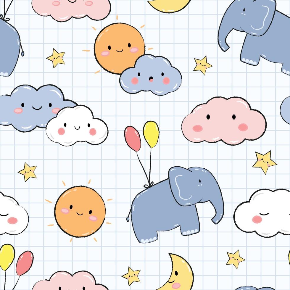 lindo elefante con nube sol y estrella de dibujos animados doodle de patrones sin fisuras vector