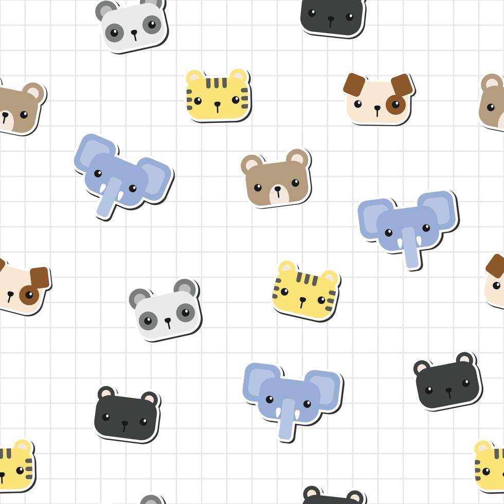 Pegatina de cabeza de animales lindos sobre fondo de cuadrícula de dibujos animados patrón sin fisuras vector
