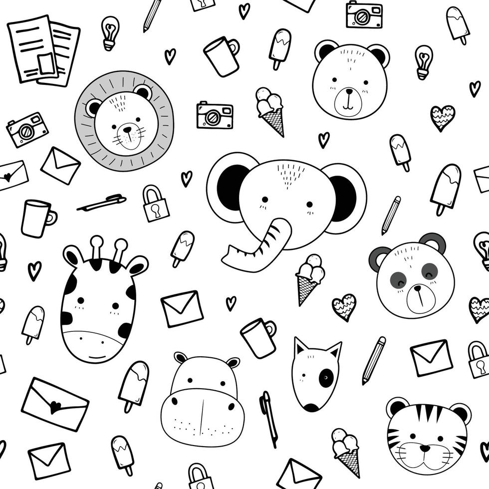 cabeza de animales lindos con cosas de dibujos animados doodle de patrones sin fisuras vector