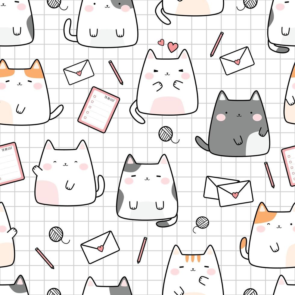 Cute chubby cat kitten cartoon doodle seamless pattern vector