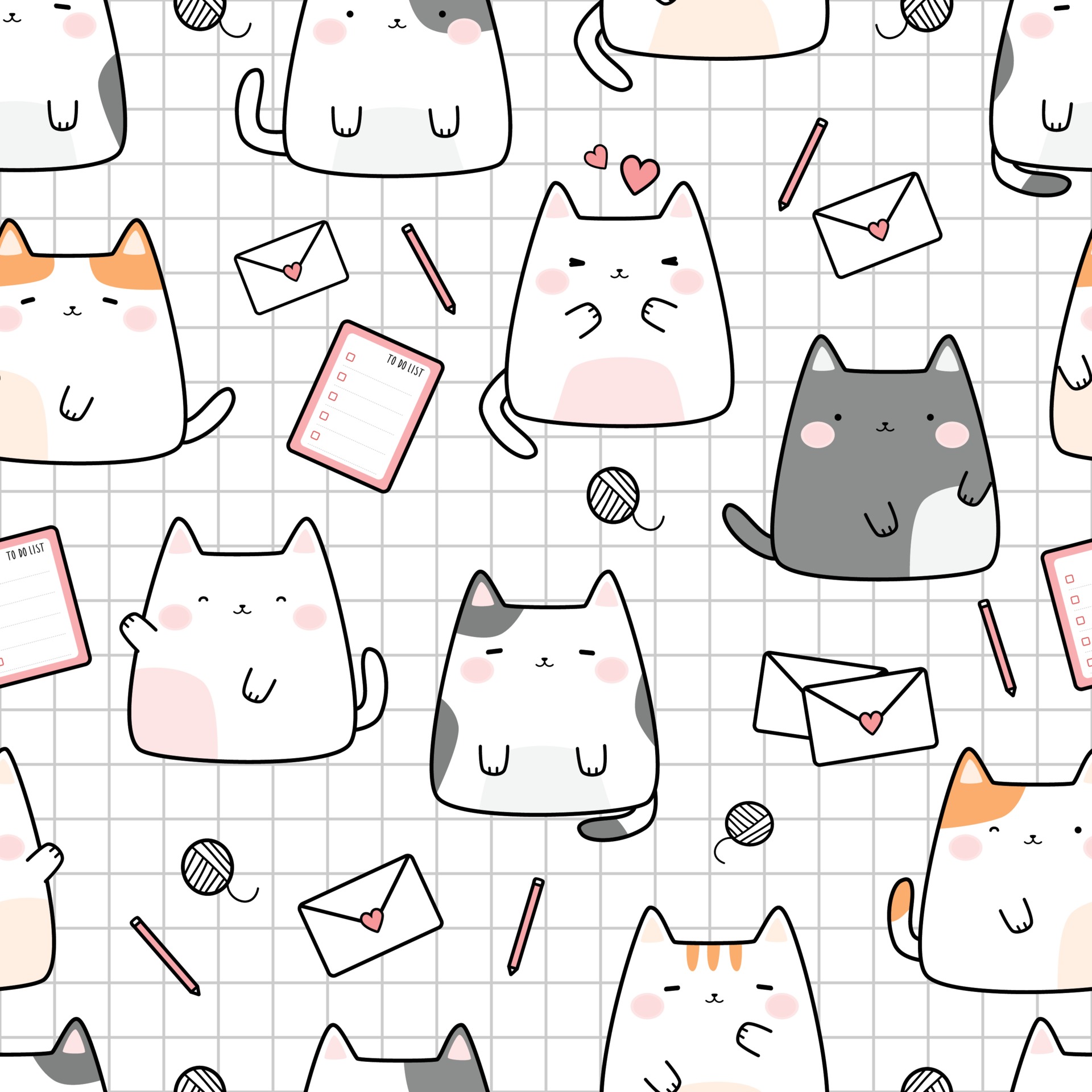 Cute Chubby Cat Kitten Cartoon Doodle Seamless Pattern 2266287 Vector