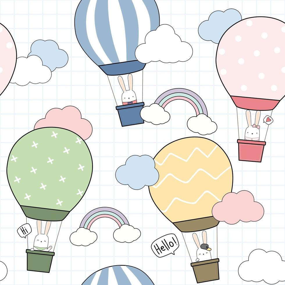 Cute rabbit bunny riding hot air balloon in the sky cartoon doodle seamless pattern vector