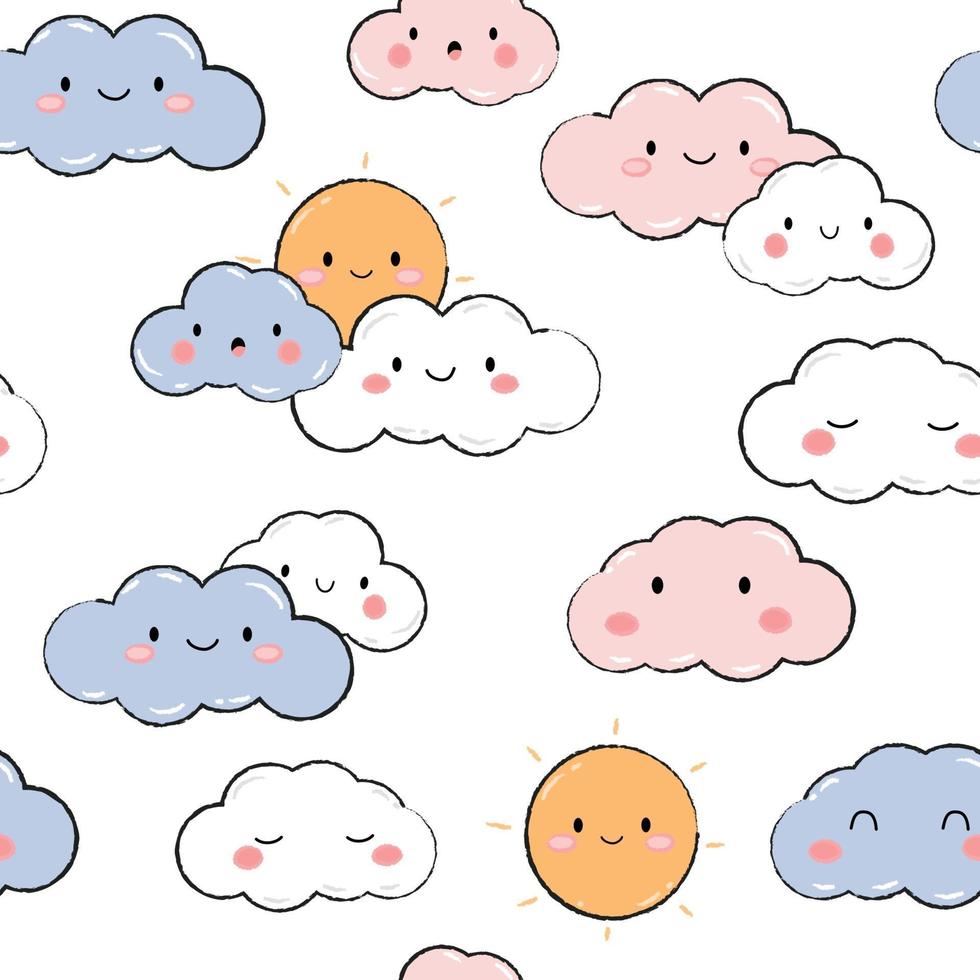 Cute happy cloud and sun cartoon doodle seamless pattern vector