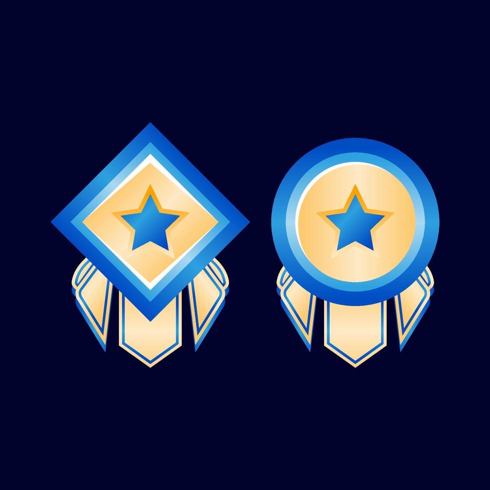Game ui glossy golden diamond and round rank badge medals with ribbon vector