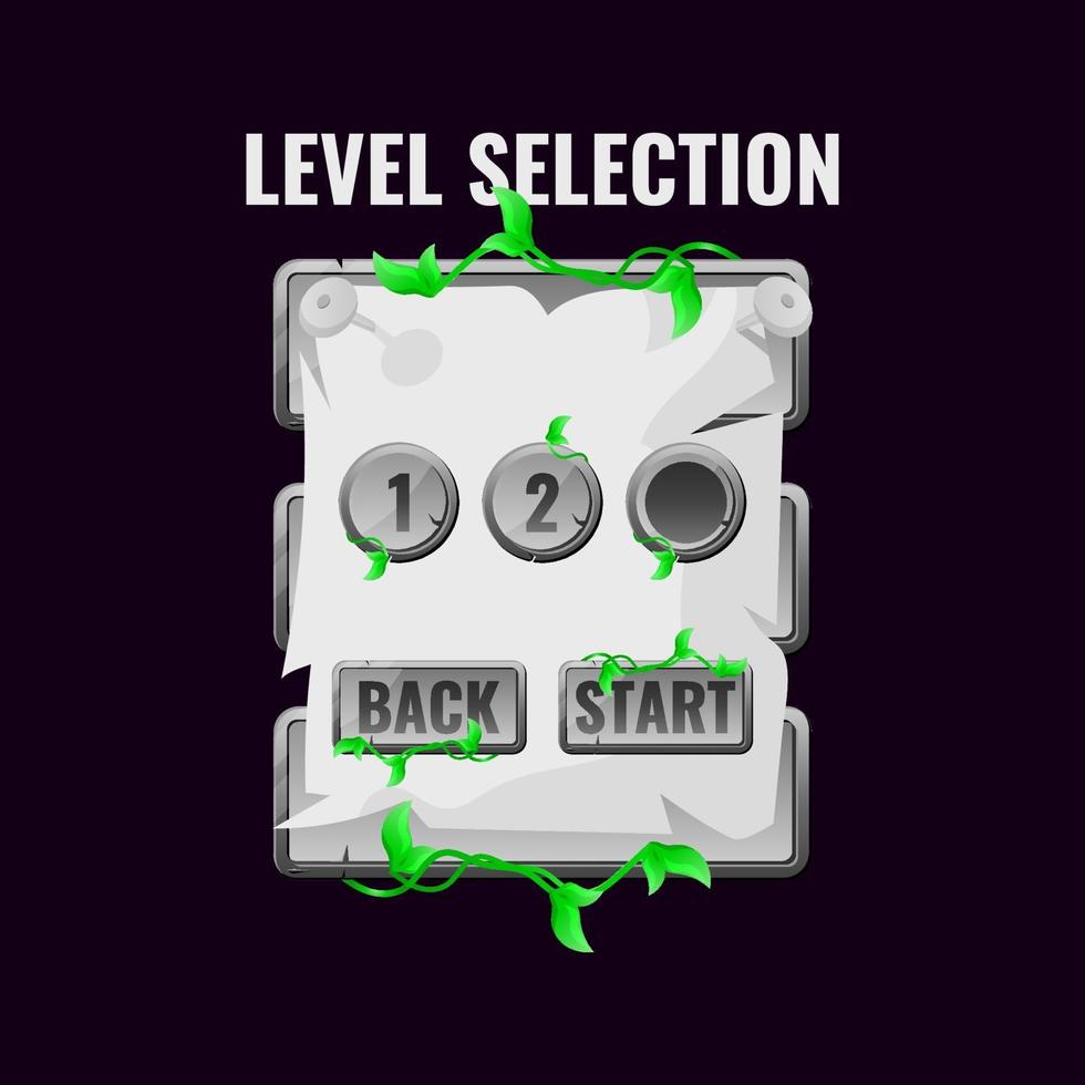 Stone jungle leaves game ui level selection interface. vector