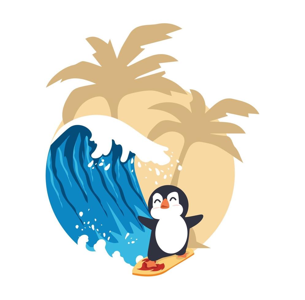 lindo pingüino surfeando en una gran ola vector