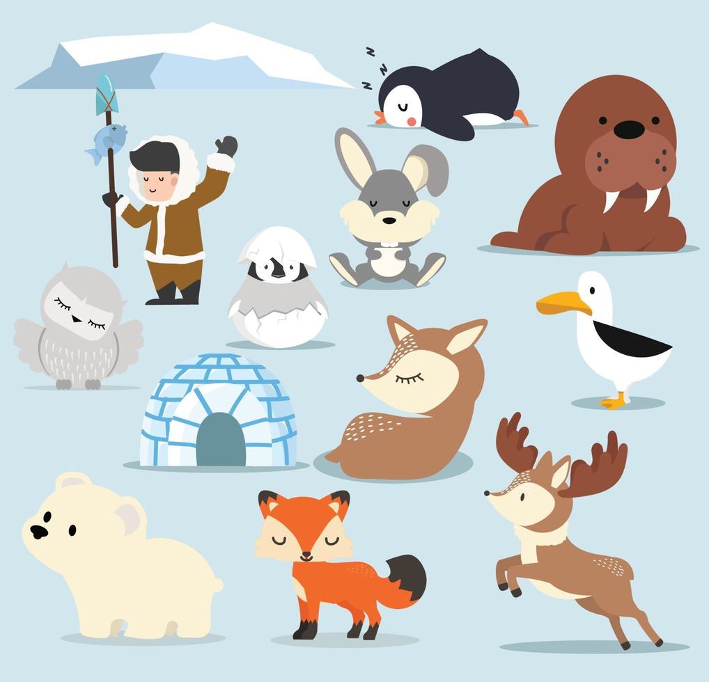 Cute Arctic flat design Cartoon characters  set vector