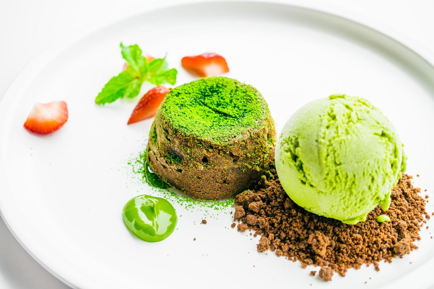 Green tea chocolate lava with ice cream and strawberry photo