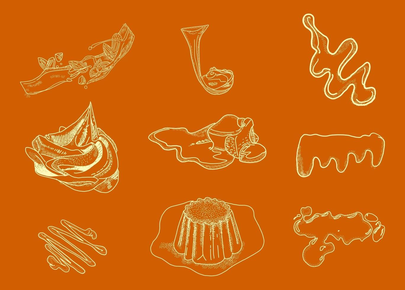 Caramel products. Top view frame. Hand drawn illustration. Pieces of caramel design template. Engraved design. Great for package design. Vector illustration.
