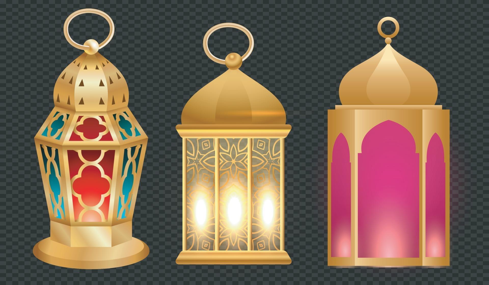 Vintage gold arabic lanterns . realistic set of hanging luminous lamps