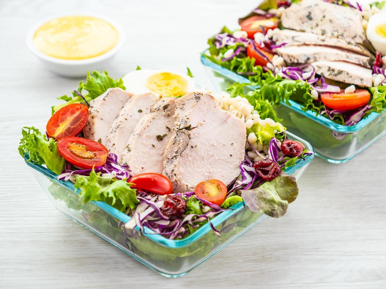 Grilled chicken breast and meat salad photo