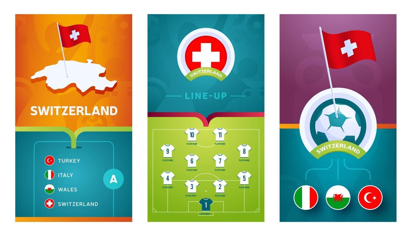 conjunto de banners verticales de fútbol europeo del equipo de suiza para redes sociales vector