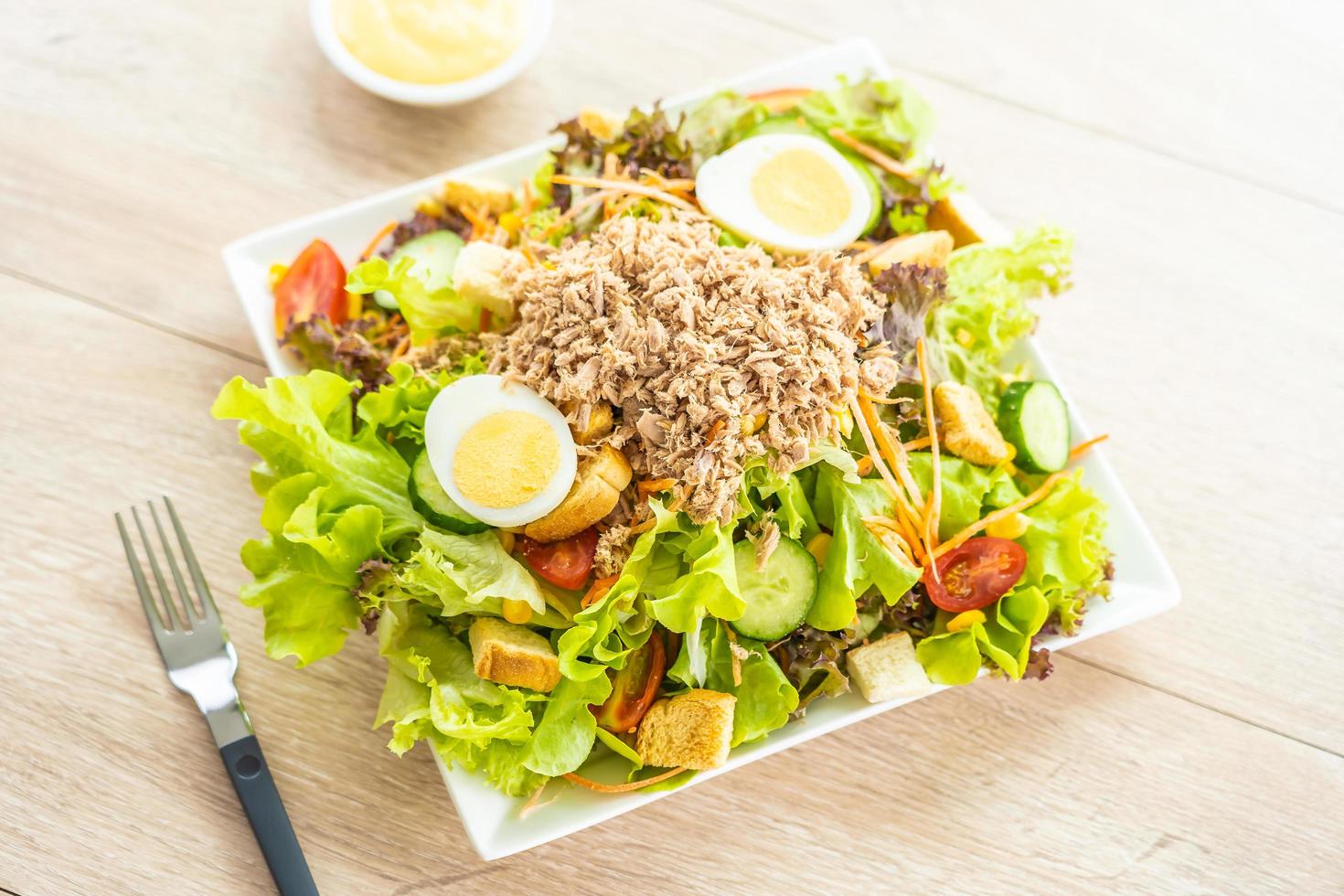 Tuna meat and eggs with fresh vegetable salad photo