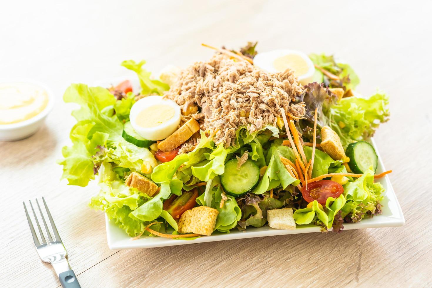 Tuna meat and eggs with fresh vegetable salad photo