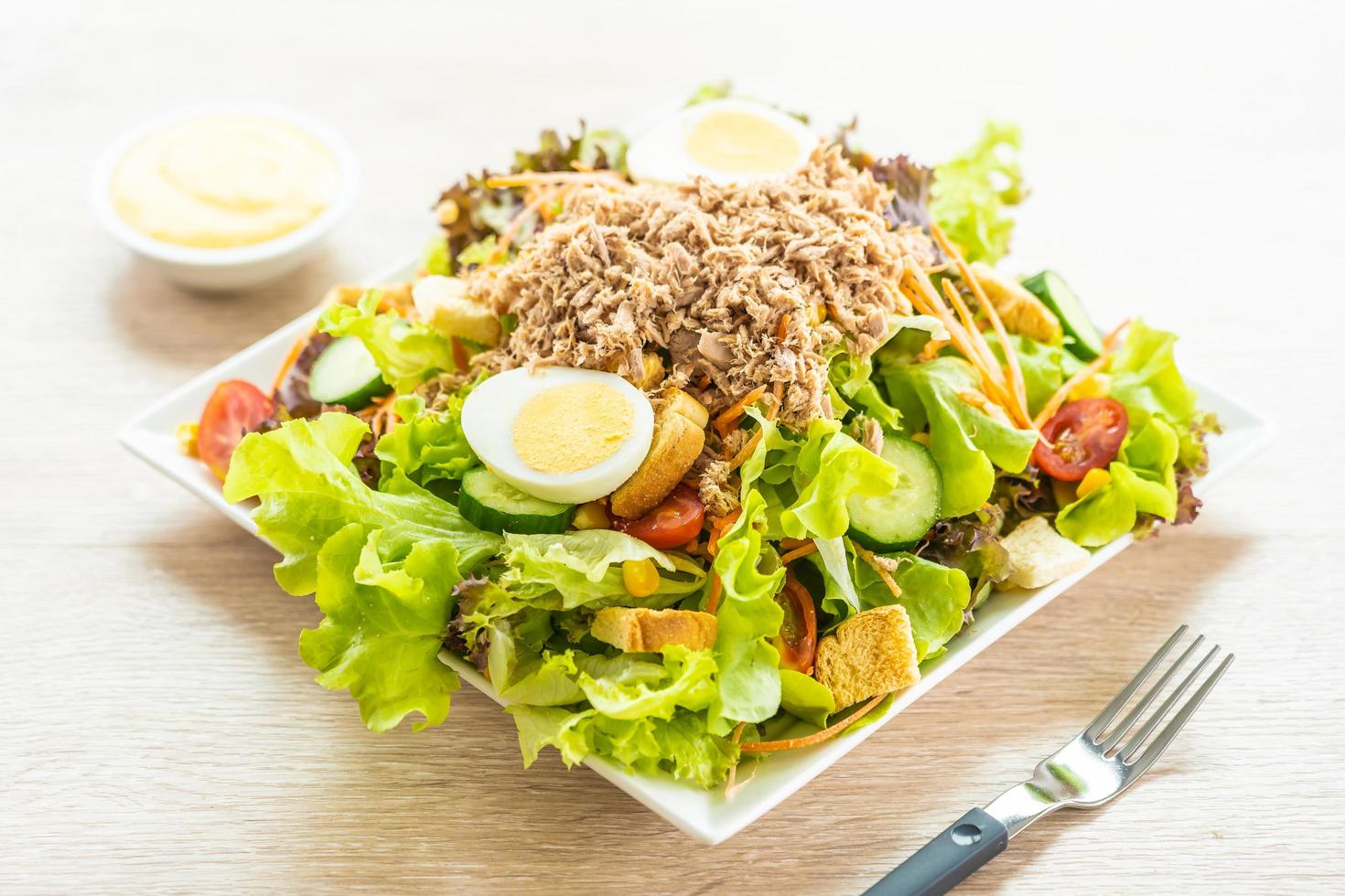 Tuna meat and eggs with fresh vegetable salad photo