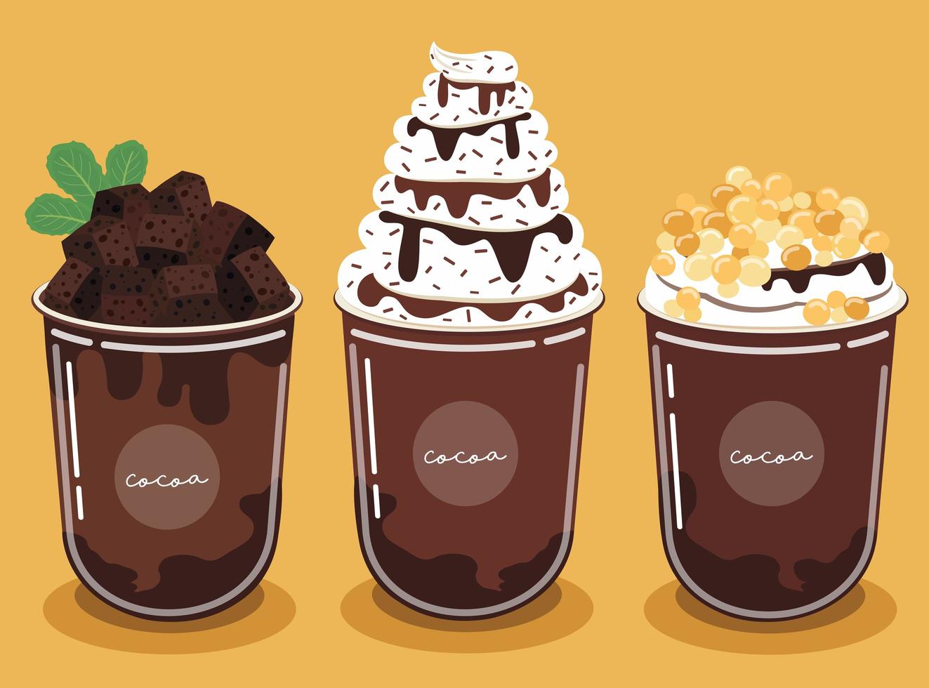 Cocoa Shake Set Garnish with brownies and chocolate sauce, chewy golden pearls and delicious whipped cream. vector