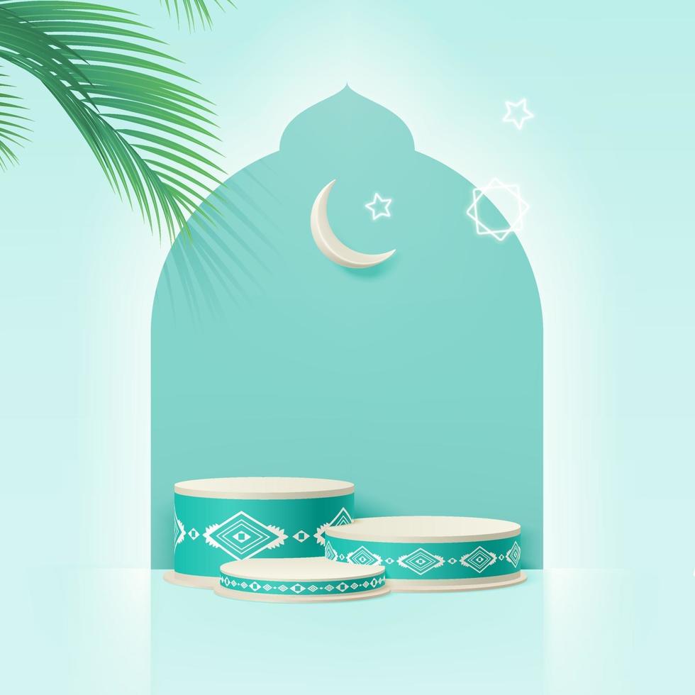 3d Islam minimal cylinder platform with dates leaf, Crescent moon, and stars. Product presentation, cosmetic, Podium, base, display, stage, pedestal or platform. 3d realistic vector