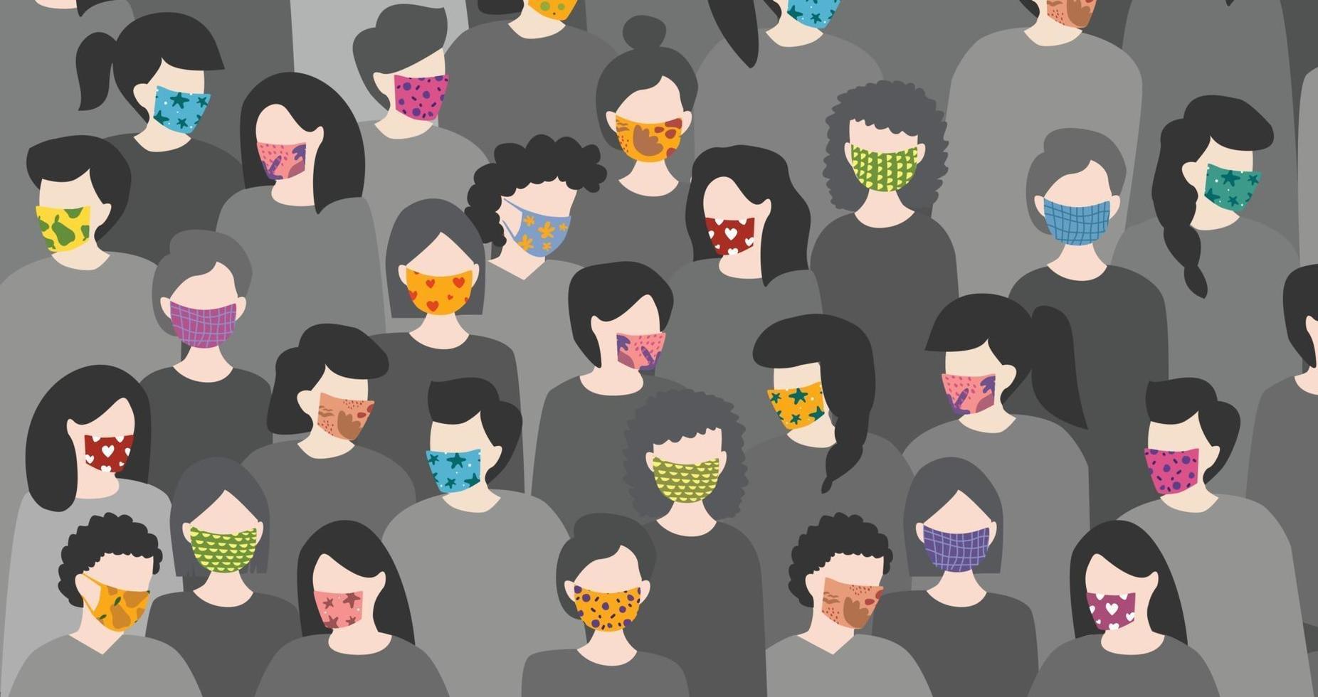 Background of a group of diverse people wearing colorful face masks. Coronavirus in the world. Concept of Coronavirus quarantine vector illustration.