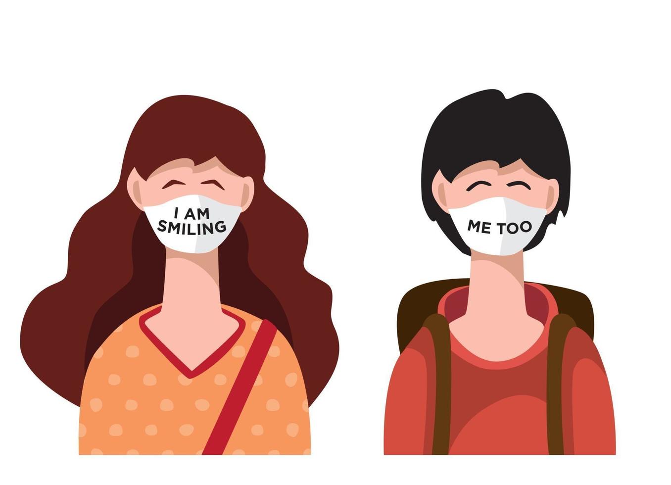 dos personas están sonriendo en máscara médica. hombres y mujeres que usan protección contra virus y se ríen. máscara médica divertida. ilustración vectorial vector