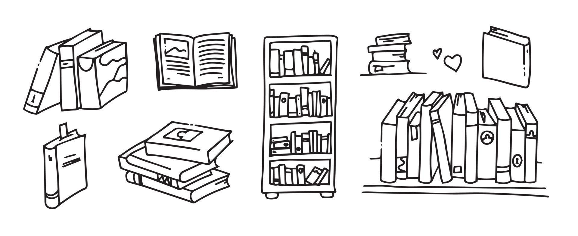Doodle book collection - vector illustration. Books on the shelf. Pile of books.