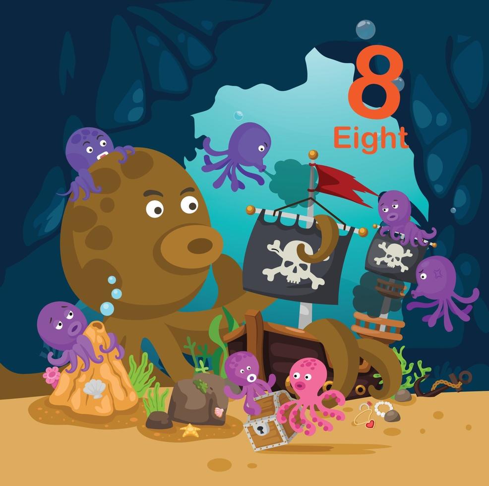 education number for kids with 8 octopus underwater vector illustration