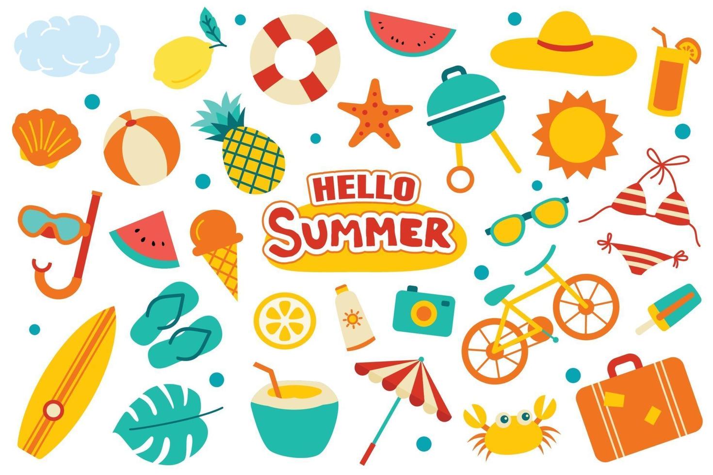 Hello summer collection set flat design on white background. Colorful summer  symbols and objects. 2268059 Vector Art at Vecteezy