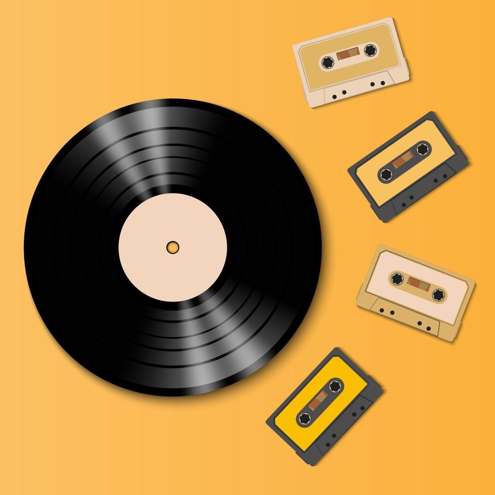 Vintage vinyl record disc and tape cassette, vector illustration