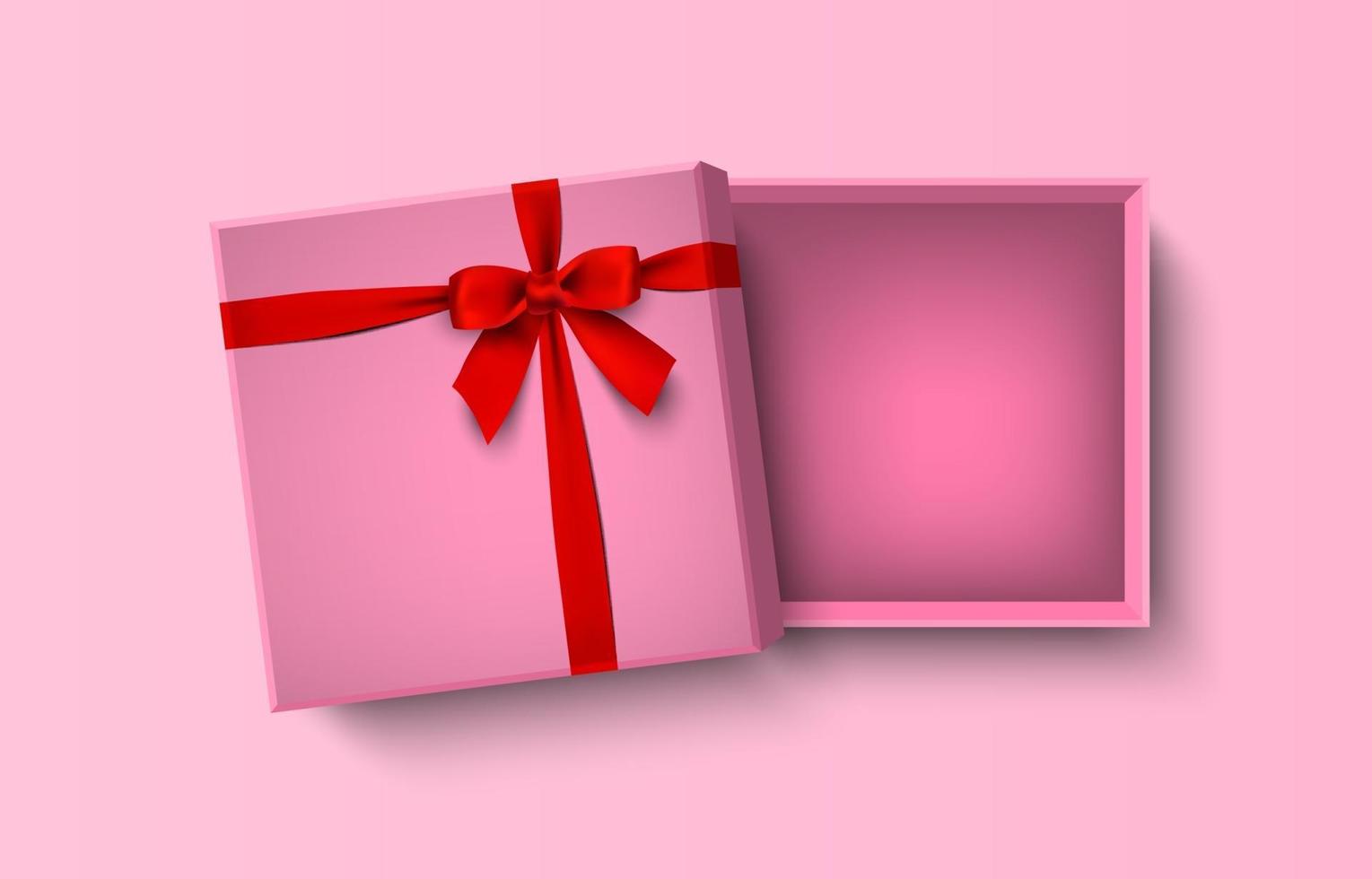 Caja de regalo vacía rosa abierta con lazo rojo y cinta, ilustración vectorial vector