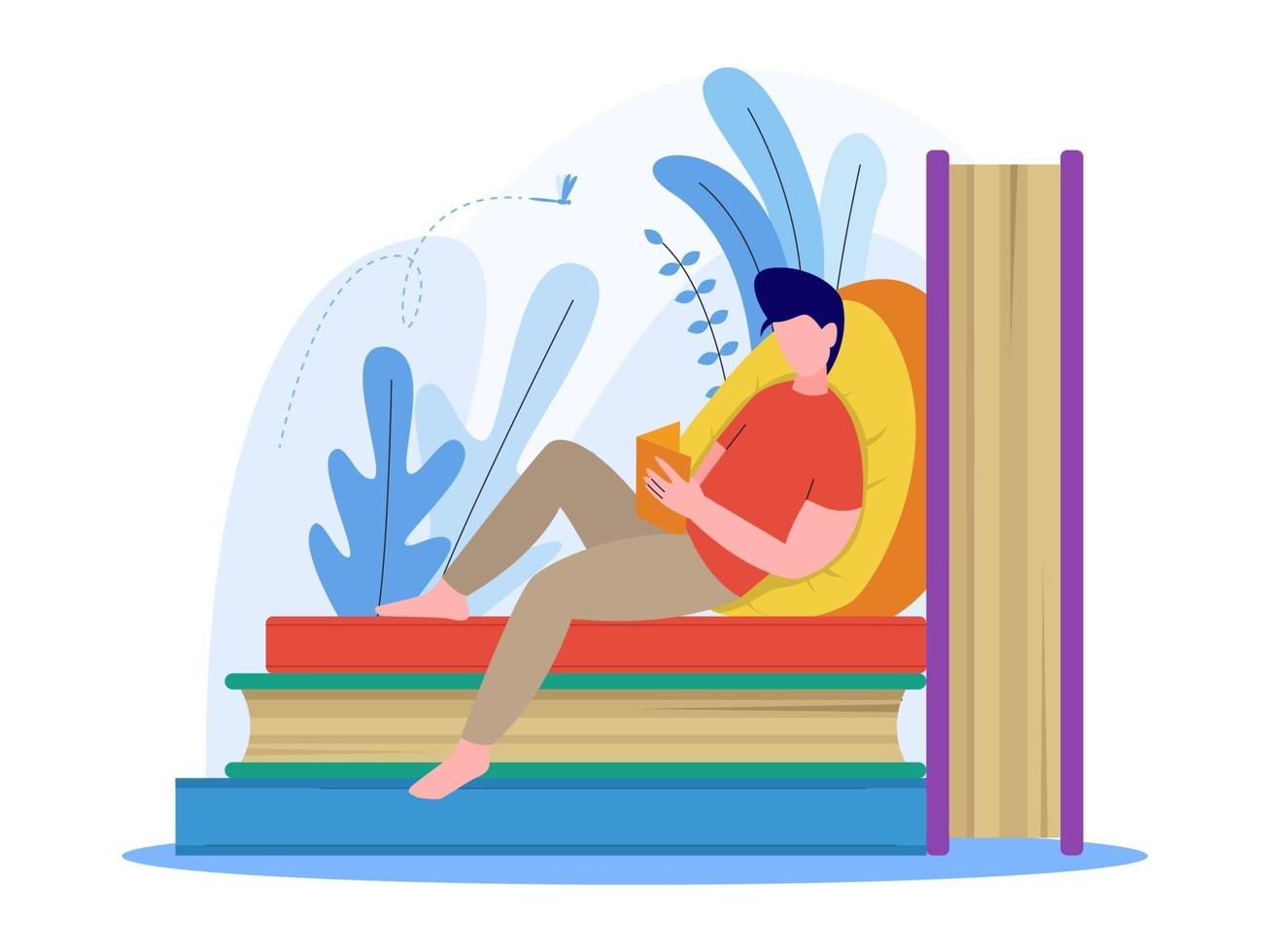 hombre leyendo un libro y sentado en la pila de libros ilustración vector