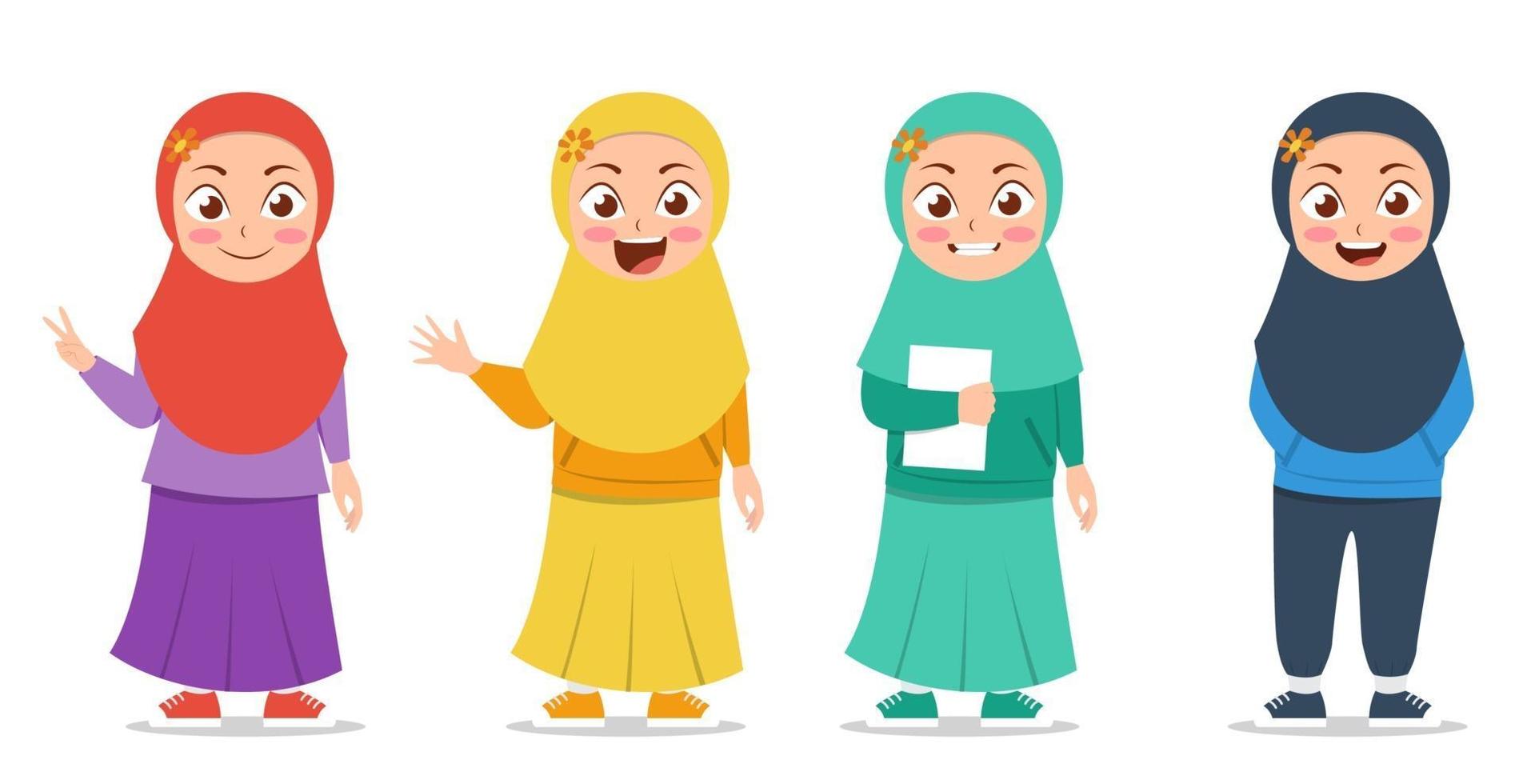 las niñas musulmanas usan hijab con diferentes poses ilustración vector