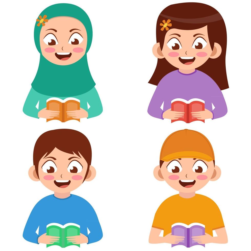 Kids with various gender reading a book cartoon illustration vector