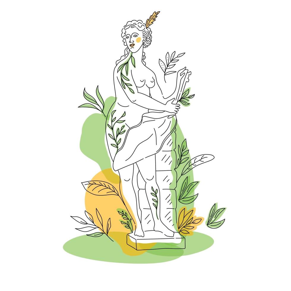 Ancient Greek goddess statue in a continuous line. Vector illustration. Modern drawing. Park in summer.OneLine style.