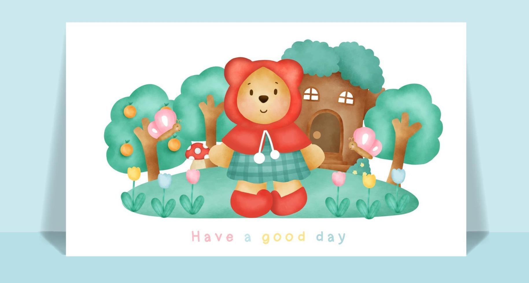 Watercolor cute teddy bear  in the forest for greeting card. vector