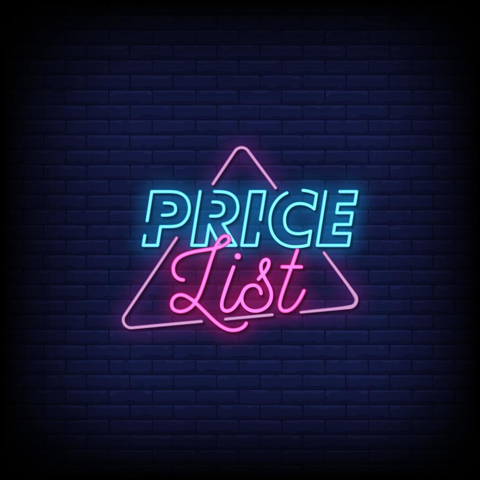 Price List Neon Signs Style Text Vector