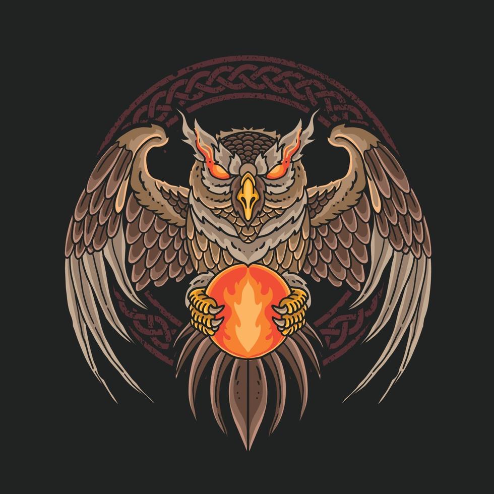 dark owl bring fireball illustration vector