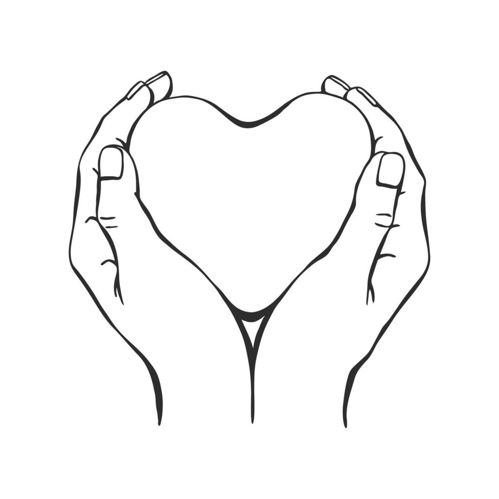 Hands holding heart. Hand drawn vector illustration. On white