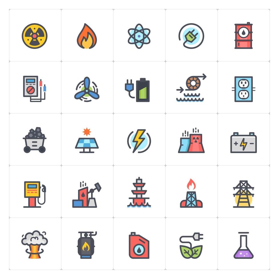 Energy and Power line with color icons. Vector illustration on white background.