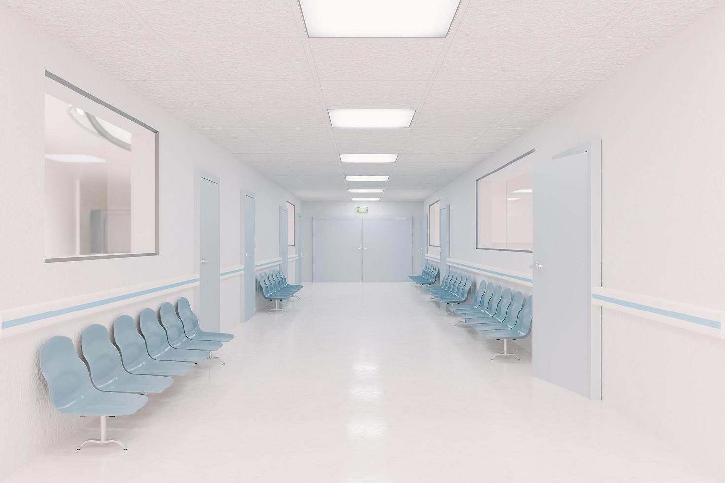 Hospital corridor with waiting chairs on the sides photo