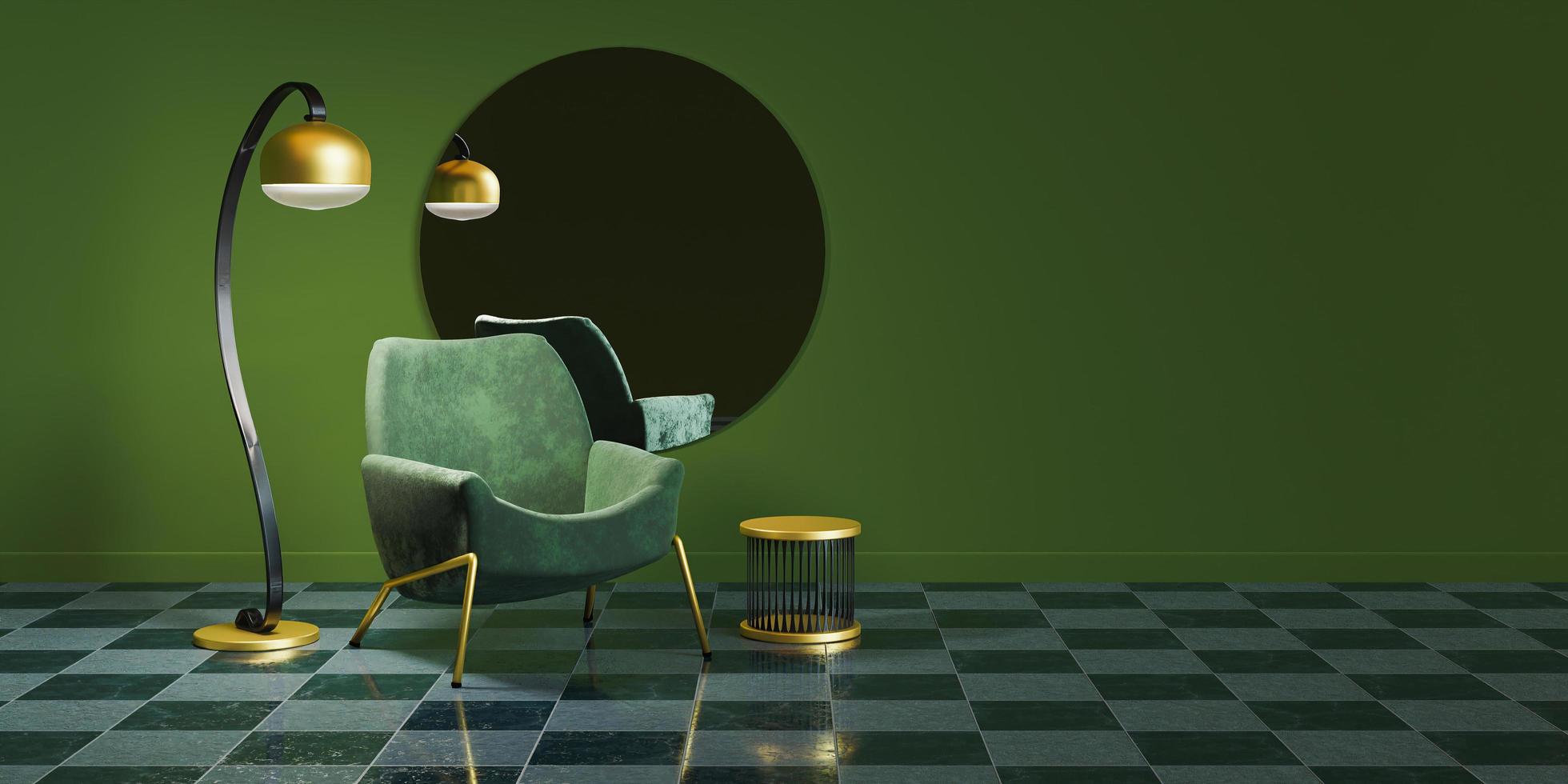 Interior minimalista con detalles dorados, espejo redondo, lámpara y sofá. foto