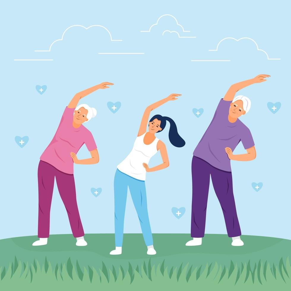 Happy family exercising together at the park. Family sport activity concept. vector