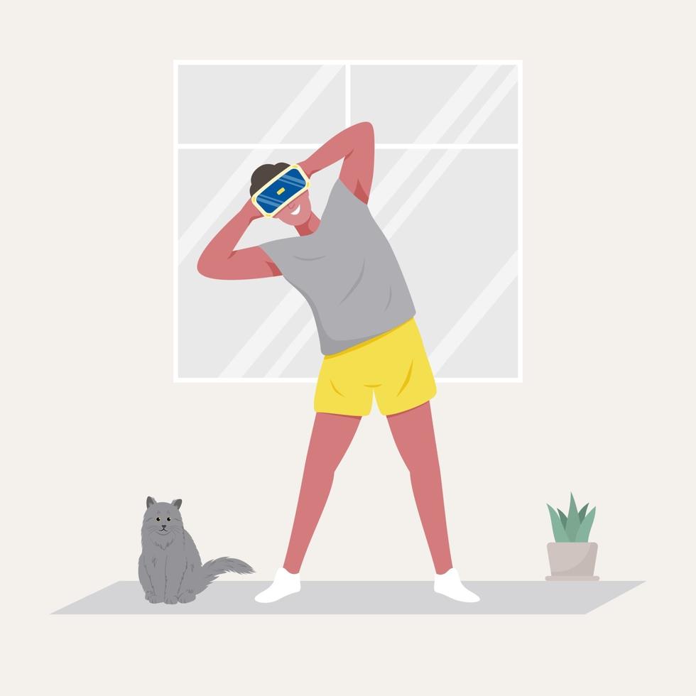 Cheerful young man using Virtual Reality Technology for sports at home. Flat character vector illustration.